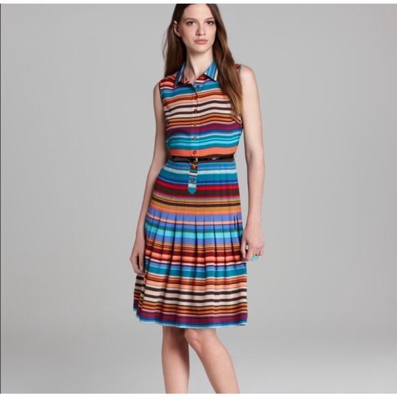 Calvin Klein Size 4 Multicolored Stripe‎ Collared Sleeveless Pleated  Dress - Picture 1 of 7